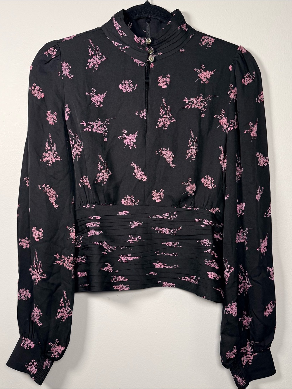 ME+EM Silk Top 6 Black purple floral print ruched waist jewel collar long sleeve